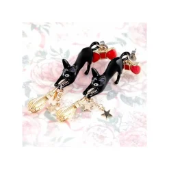 Bijoux|Maison Ghibli Boucles d’oreilles percées Jiji sur son balai - Kiki la petite Sorciè